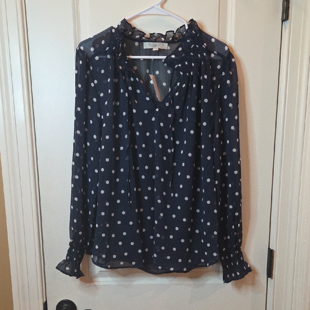 LOFT Dark Navy and White Polka Dot Sheer Blouse With Included Camisole XL